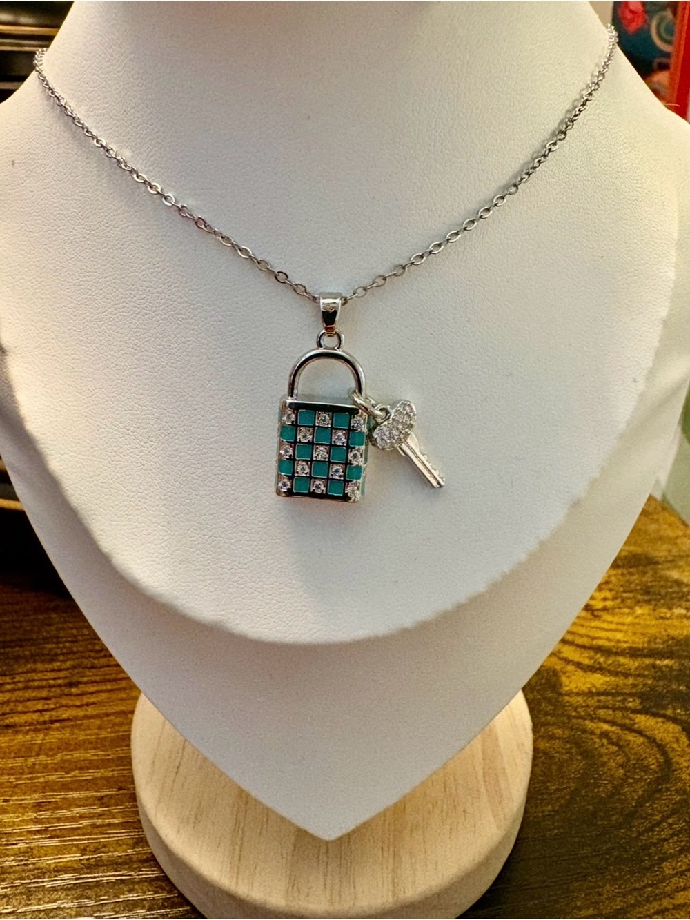 Silver Padlock & Key Necklace with Teal Accent